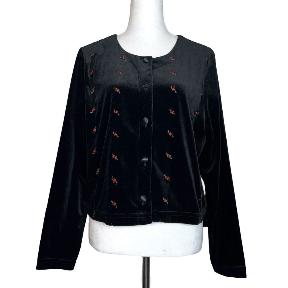 Vintage Velvet Button‎ Up Shirt Size L Black Floral Embroidered Whimsigoth Vamp